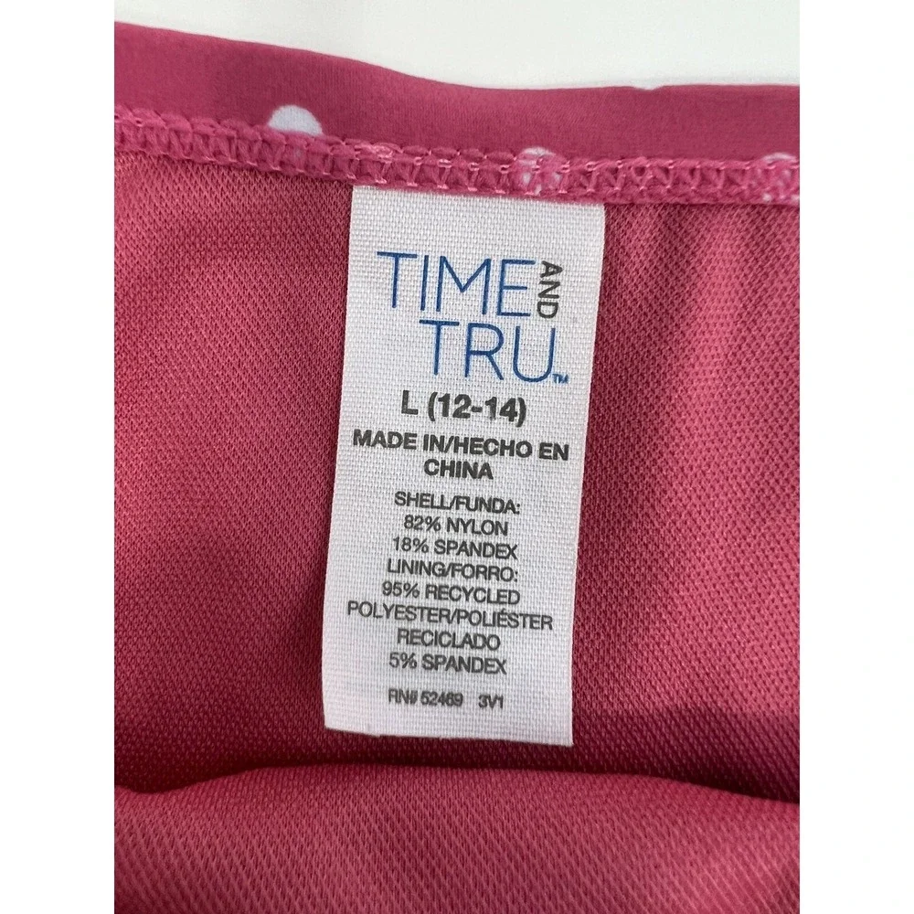 Time and Tru Bikini Women's Sz L (12-14) Pink White Polka Dot Ruched‎ Sides